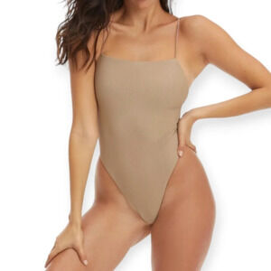 Good American 90s Ribbed One Piece Swim Suit in Latte Cheeky 2 or Medium